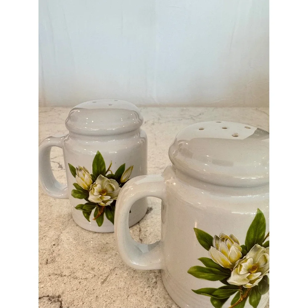 Vintage Magnolia Floral Ceramic Salt and Pepper Shakers Set White Mug Style